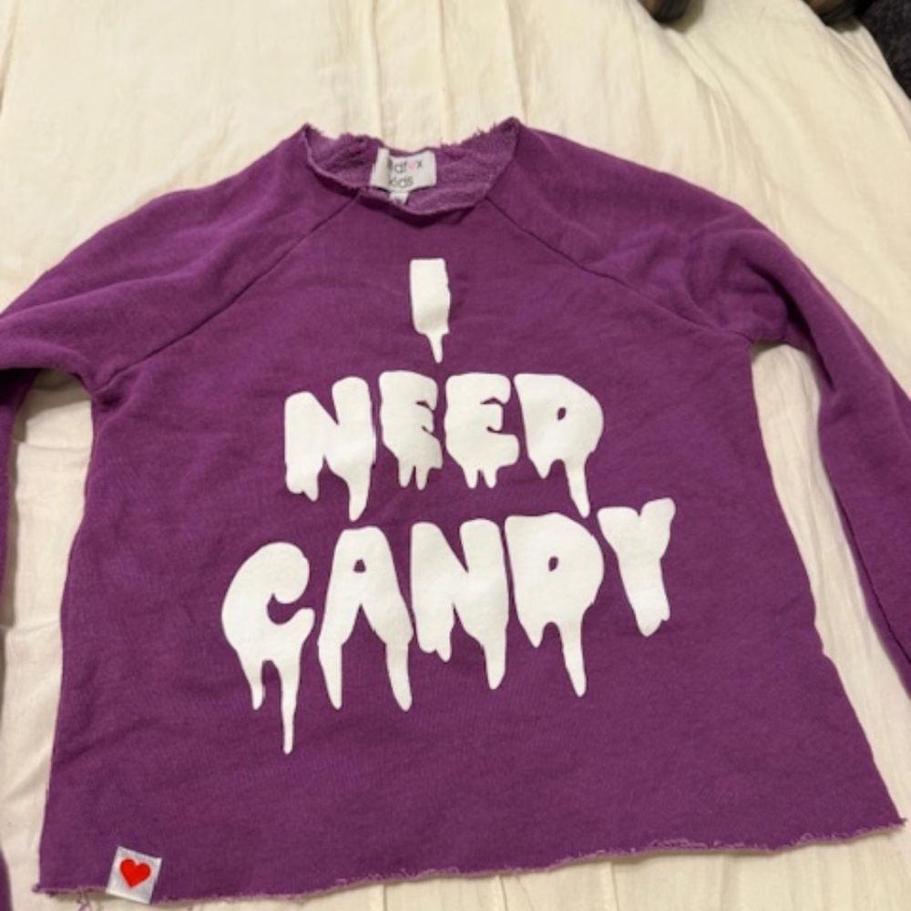 wild fox halloween kids sweatshirt purple size 7/8 says I NEED CANDY